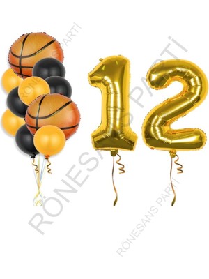Rönesans Parti Gold Renk Rakam Basketbol Topu Folyo Ve Latex  Balon Seti Yaş 12
