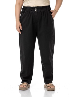 Disentis Modest Büyük Beden Beli Fırfır Detaylı Yüksek Belli Gabardin Siyah Pantolon