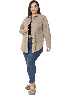 Disentis Modest Kadın Büyük Beden Vizon Gabardin Geniş Kesim Günlük Gömlek