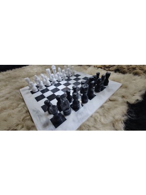 Marble Center Mermer Satranç Takımı Beyaz - Siyah 40X40CM Büyük Boy