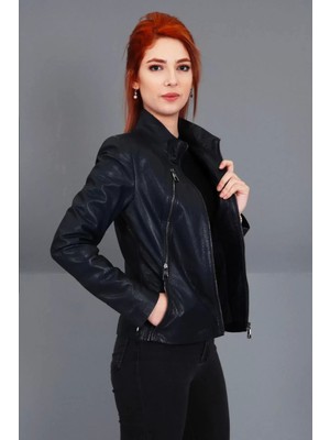 By Marki Marki Hakiki Deri Ceket Lacivert Kadın Hakiki Deri Mont Ceket - 100322