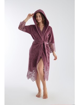 Nuşa Dantelli Uzun Kapüşonlu Triga Bambu Cotton Bayan Bornoz