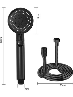 Mezigarc Fonksiyonel Kolay Kurulum 3'lü Set Siyah 5 Fonksiyonlu Turbo Jet Pervaneli Duş Başlığı 1,5 Mt Örgülü Hortum ve Mafsal Askı