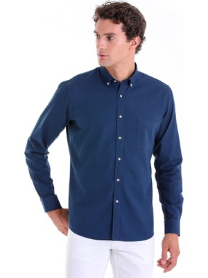 Saykı Lacivert Comfort Fit Düz 100% Pamuk Düğmeli Yaka Uzun Kollu Casual Oxford Gömlek