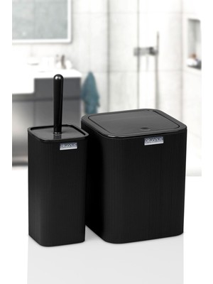 Okyanus Home Mina Siyah Çizgili Kare 2'li Wc Kova ve Fırça Seti