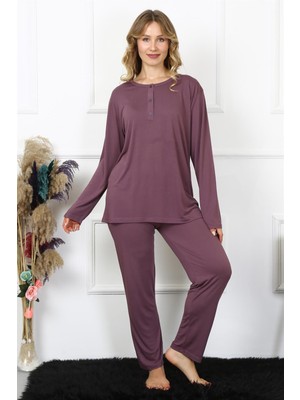 Akbeniz Kadın 4xl-5xl-6xl-7xl-8xl Büyük Beden Mürdüm Uzun Kol Pijama Takım 75013