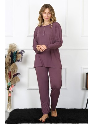 Akbeniz Kadın 4xl-5xl-6xl-7xl-8xl Büyük Beden Mürdüm Uzun Kol Pijama Takım 75013