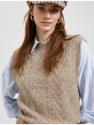 Koton Bisiklet Yaka Süveter Saç Örgüsü Desenli Ribanalı