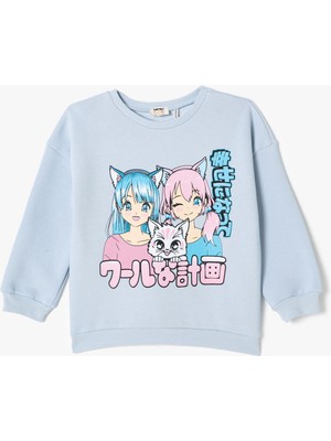 Koton Anime Baskılı Sweatshirt Şardonlu Uzun Kollu Bisiklet Yaka