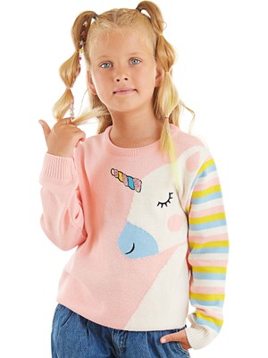 Denokids Unicorn Kız Çocuk Pembe Triko Kazak