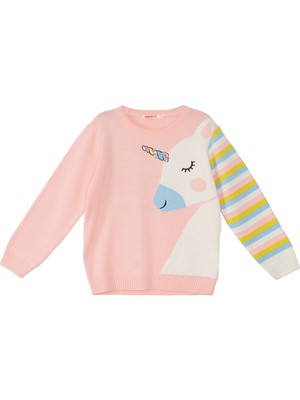 Denokids Unicorn Kız Çocuk Pembe Triko Kazak