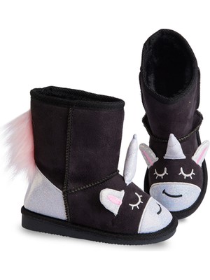 Denokids Siyah Unicorn Kız Çocuk Bot Kürk Astar ile Eğlenceli Tasarım Yüksek Topuklu