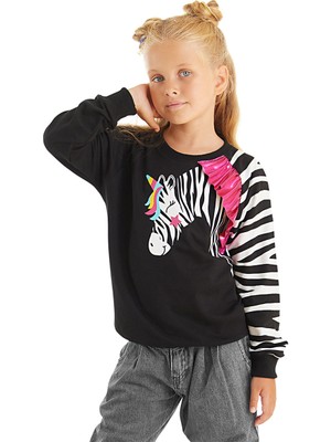 Denokids Fırfırlı Zebra Kız Çocuk Siyah Sweatshirt