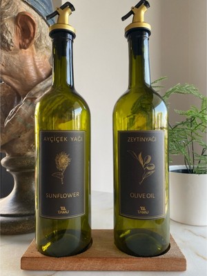 Favori Mutfak Gold 2'li 750 ml Zeytinyağı Sıvıyağ Şişesi Yağdanlık Ahşap Standlı Altın