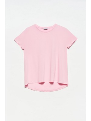 Podyum Plus Bisiklet Yaka Basic T-Shirt Toz Pembe