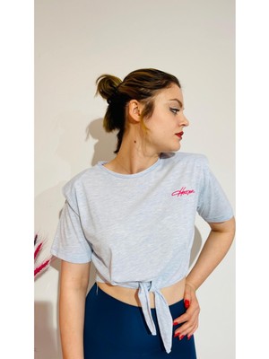 Podyum Plus Vatkalı Bağlamalı Crop Tshirt Mavi