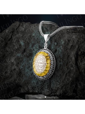 Takılingo 925 Ayar Gümüş Sarı Kehribar Taşlı Mührü Şerif Erkek Kolye