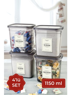 Vienev Etiketli Peggy Dikdörtgen Deterjan Saklama Kabı Seti 1150 ml Antrasit 4'lü