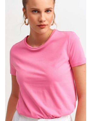 Podyum Plus Bisiklet Yaka Basic T-Shirt Pembe