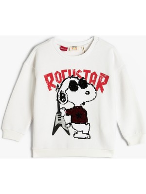 Koton Snoopy Sweatshirt Lisanslı Bisiklet Yaka Pullu Payetli Şardonlu Pamuklu