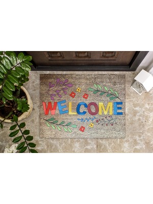 Pusula Home Renkli Welcome Kaymaz Taban Kapı Önü Paspası | 45X60