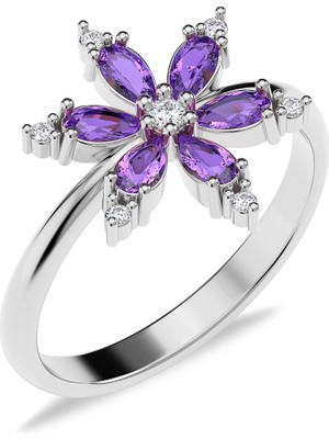 İndigo Takı Ametist Taşlı Lotus Çiçeği Beyaz Gümüş Yüzük