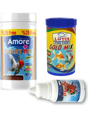 Amore Goldy Mix Granules 125 ml ve 100 ml Lotus Japon Balığı Yemi ve Clear Akvaryum Berraklaştırıcı