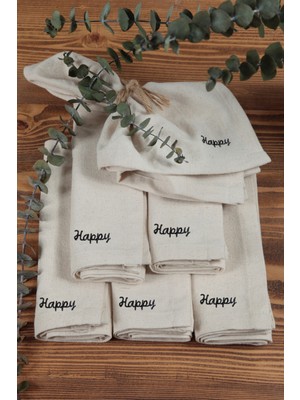 Cotton Maison Naturel Peçete 6 Lı Motto Işlemeli Pamuk Keten Otantik 45X45 cm Happy