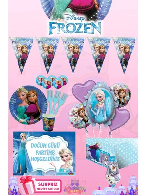Lasagna Store Frozen Elsa 8 Kişilik Sürpriz Hediye Kutulu ve Afiş'li Doğum Günü Parti Malzemeleri Seti