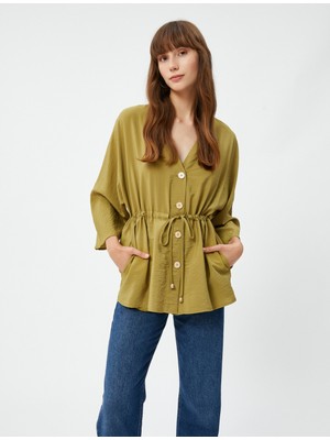 Koton Düğmeli Kimono Bluz Beli Bağlamalı Kısa Kollu Dokulu