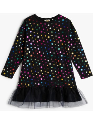 Koton Elbise Yıldız Baskılı Parıtılı Tül Detaylı Şardonlu