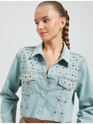 Koton Kadın Crop Kot Ceket Pamuklu Zımba Detaylı Çift Cepli Rahat Kesim Yeşil