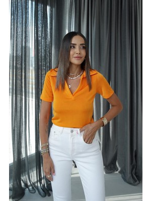 Havoş Turuncu Polo Yaka Crop Bluz