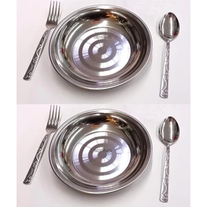 Yaşamboyu Garanti 6 Parça Yemek Seti 20CM Duble Porsiyon 2 Çelik Yemek Tabağı +2 Çatal +2 Kaşık