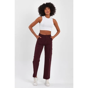 Kadın  Yüksek Bel Geniş Paça Kargo Pantolon Bordo