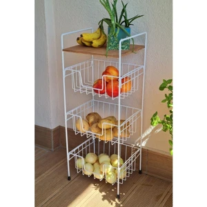 Ahşap Metal Çok Amaçlı 3 Katlı Standlı Patates Soğan Sepeti Ceviz Raflı - Beyaz - MRS-001