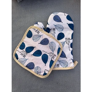 Yeni Çarşı Fırın Eldiveni ve Tencere Tutacağı Kalınlaştırılmış 2'li Set  Mavi Yapraklı