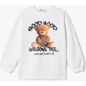 Ayıcık Baskılı Sweatshirt Uzun Kollu Bisiklet Yaka Şardonlu