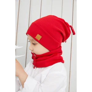 Kırmızı Erkek Çocuk İp Şapka Bere Boyunluk Takım Pamuklu Kaşkorse