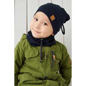 Lacivert Erkek Çocuk İp Şapka Bere Boyunluk Takım Pamuklu Kaşkorse