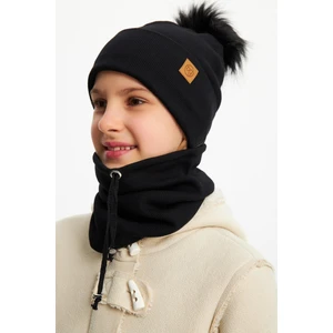 Siyah Kız Çocuk Kürk Ponponlu Şapka Bere Boyunluk Takım Pamuklu Kaşkorse