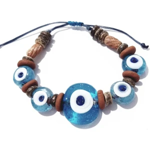 Funny Takı Açık Mavi Şeffaf El Yapımı Cam Nazar Boncuklu Toprak Boncuklu Bileklik
