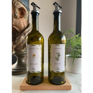 Favori Mutfak Ahşap Stantlı 2'li 750 ml Cam Zeytinyağı ve Ayçiçek Yağı Şişesi Yağdanlık Yağlık