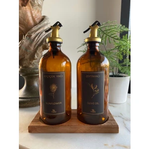 Favori Mutfak 2'li Ahşap Standlı Amber Zeytinyağı Sıvıyağ Şişesi Yağdanlık Gold Kapaklı 500 ml