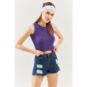 Mor Sıfır Kol Bisiklet Yaka Vücuda Oturan %100 Pamuklu Kaşkorse Esnek Crop Bluz