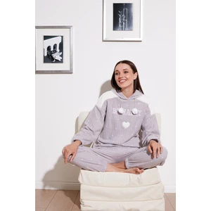 Desenli Regular Fit Kapüşonlu Polar Pijama Takımı Bayan Pijama Takımı 6571002