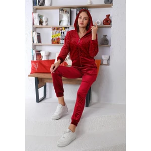 Bordo Peluş Kadife Kadın Eşofman Takımı