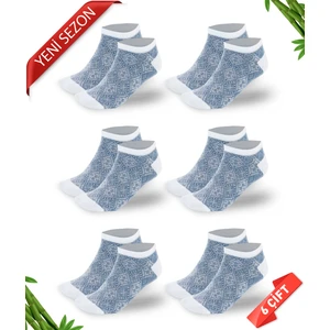 Mavi Retro Desenli Kadın Bambu Patik  Çorap 6lı Set