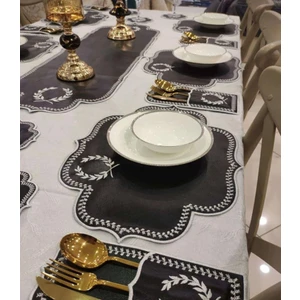 Bonny Home Başak Siyah Gümüş Amerikan Servis 6 Kişilik 19 Parça Runner Seti Deri Yemek Sunum Takımı Nakışlı 6lı Supla