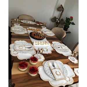 Bonny Home Başak Krem Gold Amerikan Servis 6 Kişilik 19 Parça Runner Seti Deri Yemek Sunum Takımı Nakışlı 6lı Supla